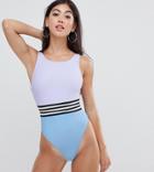 Asos Design Petite Recycled High Neck Elastic Waist Color Block Swimsuit In Multi