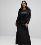 Outrageous Fortune Plus Sequin Long Sleeve Maxi Dress With Cowl Back And Fishtail In Black - Black
