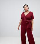 Lost Ink Plus Plunge Jumpsuit With Wrap Tie Waist-red