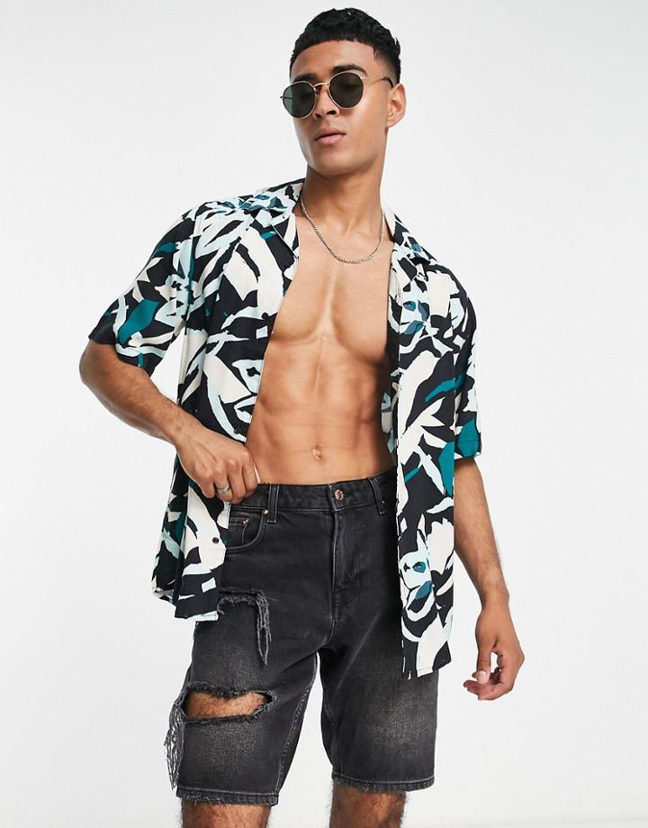 Only & Sons Revere Shirt With Abstract Palm Print In Navy