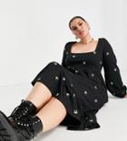 Asos Design Curve Square Neck Mini Smock Dress With All Over Flower Embroidery In Black