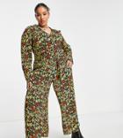 Asos Design Curve Bubble Crepe 70s Collar Belted Tea Jumpsuit In Mustard Floral-multi