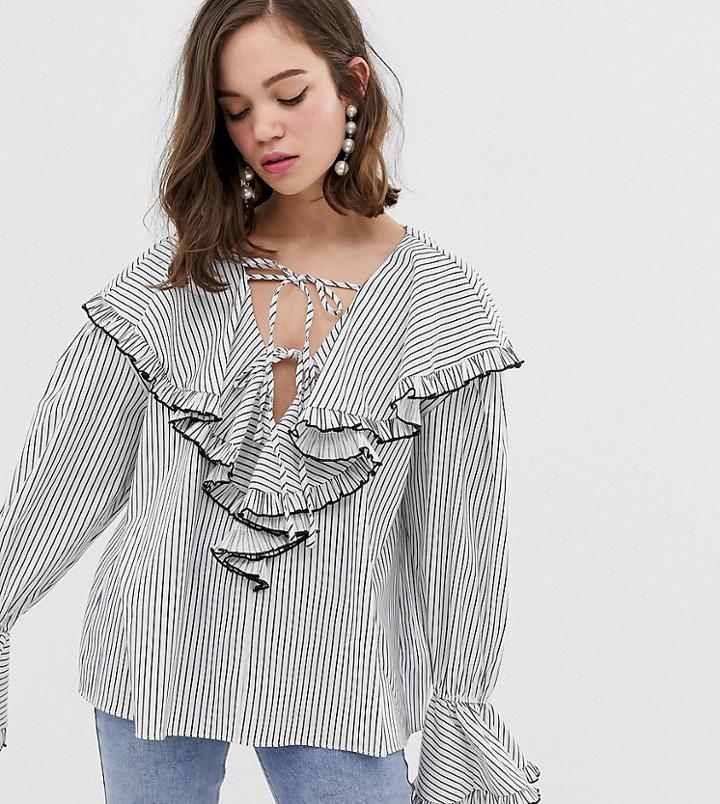 Sister Jane Shirt With Tie Front And Ruffle Bib In Stripe - White