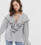 Sister Jane Shirt With Tie Front And Ruffle Bib In Stripe - White