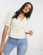 Saint Genies Puff Sleeve Top With Belt In Cream-white