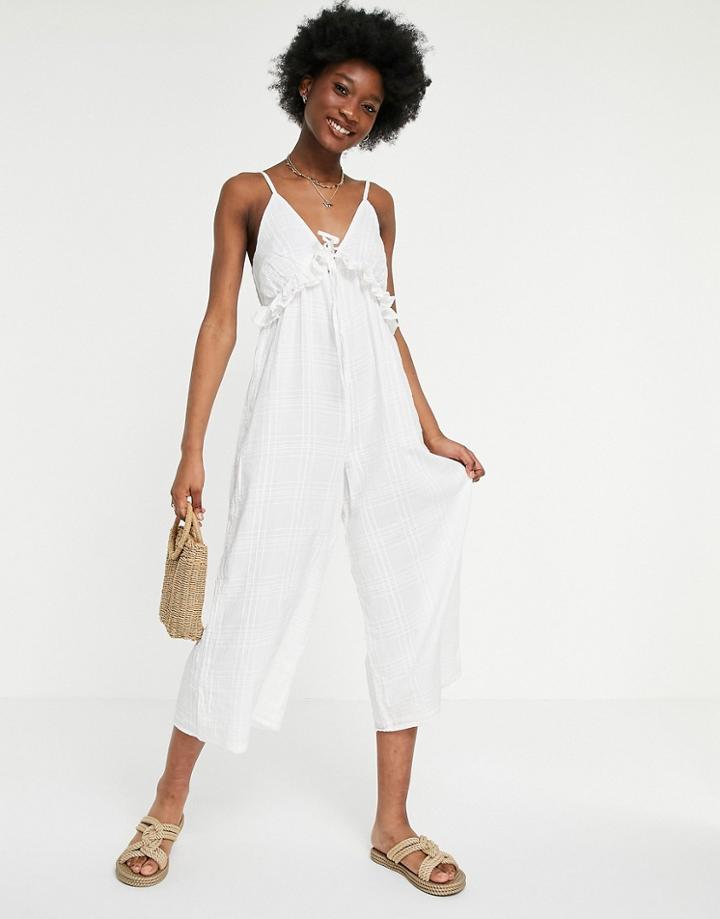 Asos Design V Neck Frill Tie Culotte Jumpsuit In White