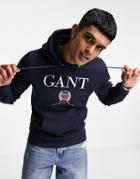 Gant Crest Embroidered Logo Hoodie In Evening Blue Navy-blues