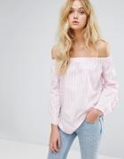 Mango Stripe And Frill Sleeve Off The Shoulder Top - Pink