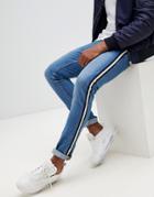 Asos Design Super Skinny Jeans In Mid Wash Blue With Side Stripe