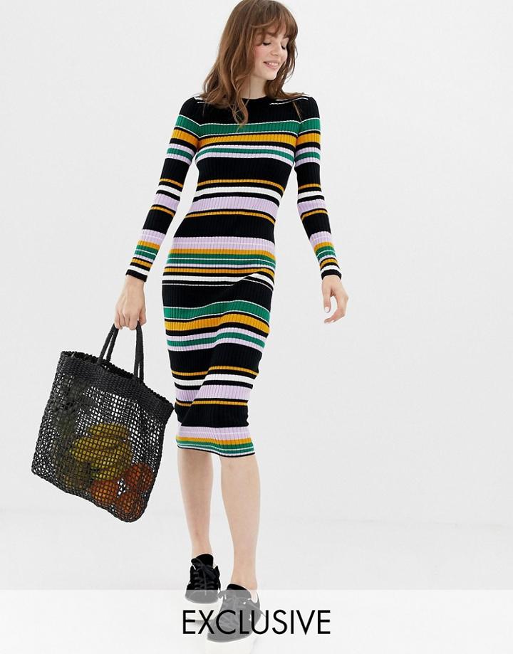 Monki Multi Stripe Midi Knit Dress In Black