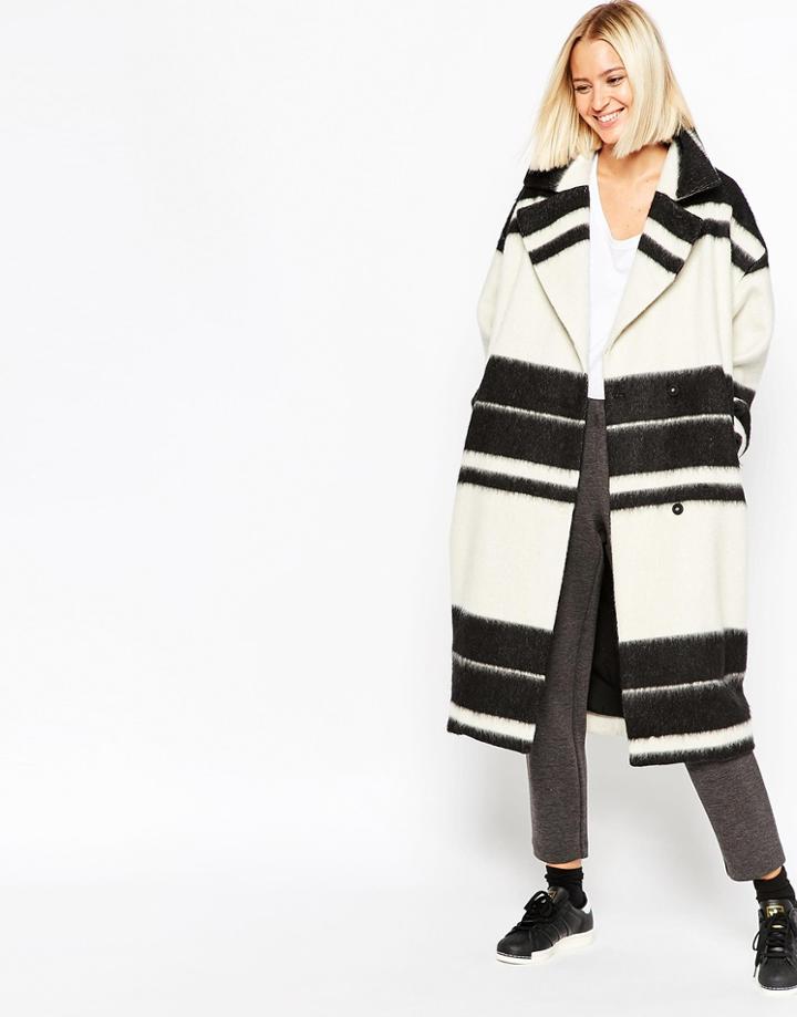 Asos White Overcoat In Monochrome Stripe - Multi