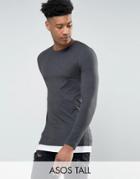 Asos Tall Longline Muscle Long Sleeve T-shirt With Contrast Hem In Charcoal/white - Gray