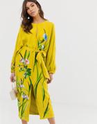 Asos Edition Floral Embroidered Belted Midi Dress In Satin - Yellow