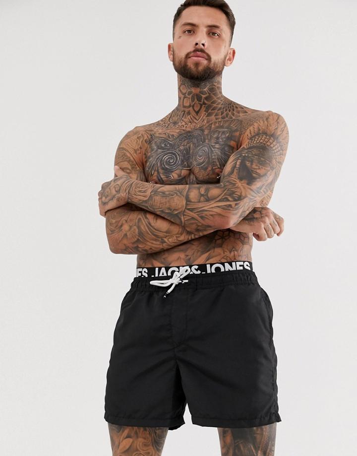 Jack & Jones Swim Shorts With Double Waistband In Black