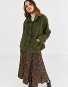 Qed London Toggle Borg Jacket In Khaki-green