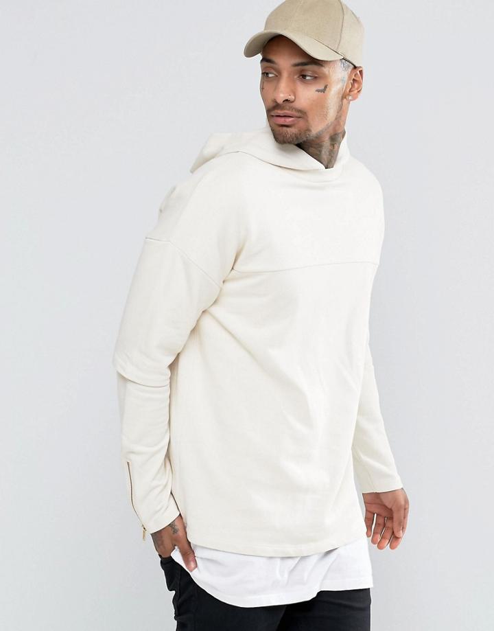 Asos Longline Oversized Hoodie With Double Sleeves In Beige - Beige
