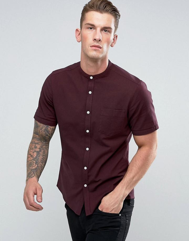 Asos Casual Slim Oxford Shirt With Stretch And Grandad Collar - Red