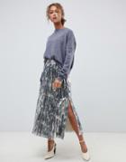 Asos Design Pleated Midi Skirt In Camoflauge Embellishment - Multi