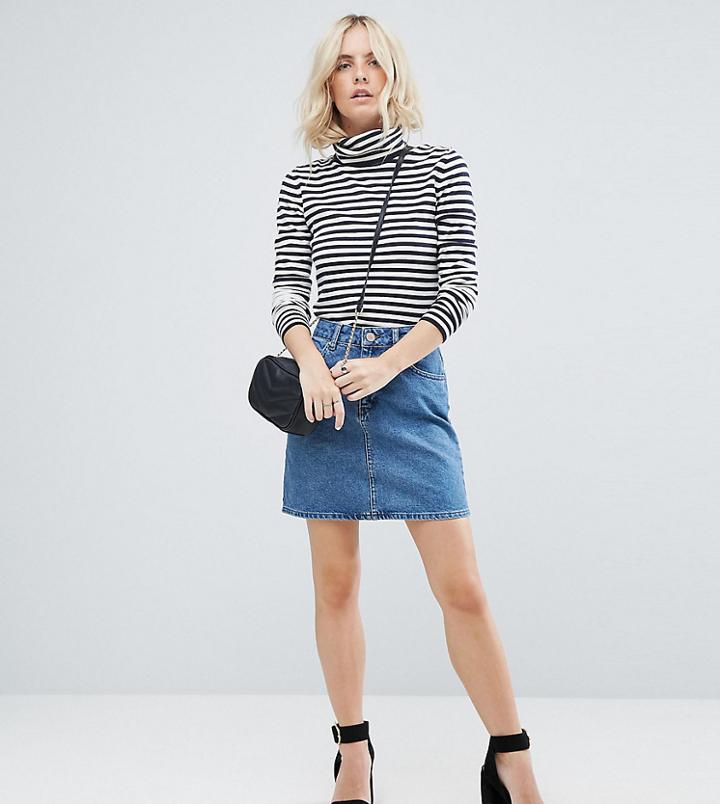 Asos Design Petite Denim Original High Waisted Skirt In Midwash Blue - Blue