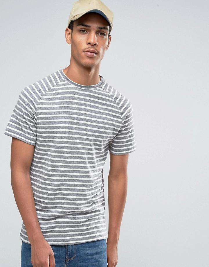 Celio Crew Neck Stripe T-shirt With Raglan Sleeve In Linen Mix - Gray