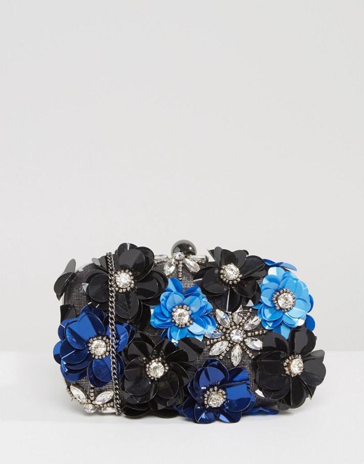 Park Lane Handmade Floral Embellished Structured Clutch Bag - Black
