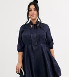 Simply Be Skater Dress With Pussybow In Navy Jacquard-multi