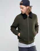 Asos Wool Mix Bomber Jacket With Fleece Collar In Khaki - Green