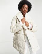 Stradivarius Faux Leather Padded Puffer Jacket With Belt In Ecru-white