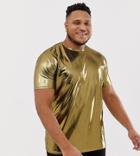 Asos Design Plus Relaxed Longline T-shirt In Metallic Fabric In Gold - Gold