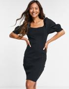Vero Moda Ribbed Body-conscious Dress With Seam Detail And Puff Sleeves In Black