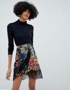 Asos Design Mixed Check Print Wrap Mini Skirt With Fringing - Multi