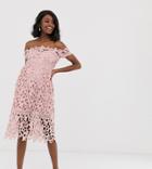 Chi Chi London Maternity Bardot Lace Midi Dress In Pink - Pink