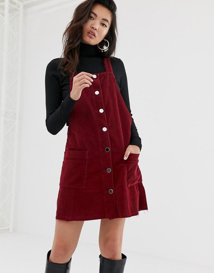 River Island Cord Pinny Dress In Burgundy-red