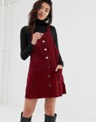 River Island Cord Pinny Dress In Burgundy-red