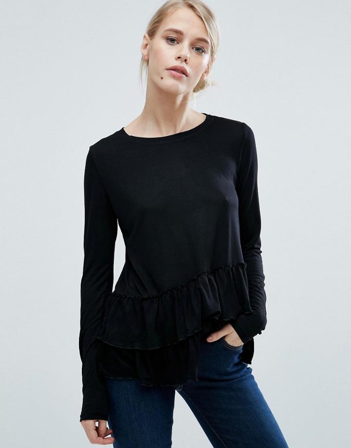 Brave Soul Frill Edge T-shirt - Black