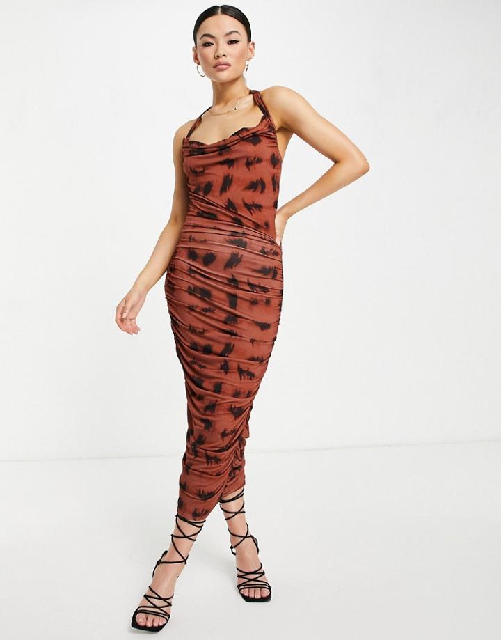 Asos Design Halter Cowl Ruched Midi Dress In Smudge Animal Print-multi