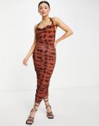 Asos Design Halter Cowl Ruched Midi Dress In Smudge Animal Print-multi