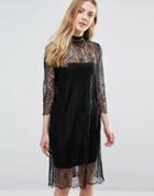 Ganni California Lace Long Sleeve Sheer Dress - Black