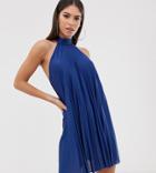 Asos Design Tall Backless Halter Pleated Mini Dress - Blue
