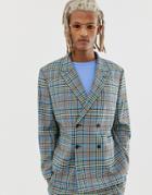 Asos Design Boxy Suit Jacket With Color Pop Check - Gray