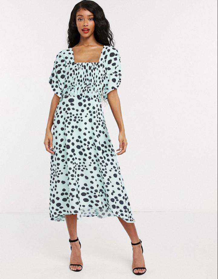 Lost Ink Midi Dress With Shirred Bodice In Dalmatian Polka Dot-blues