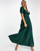 Asos Design Pleated Twist Back Cap Sleeve Maxi Dress In Forest Green