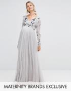 Maya Maternity Long Sleeve Embellished Bodice Maxi Dress With Tulle Skirt - Silver