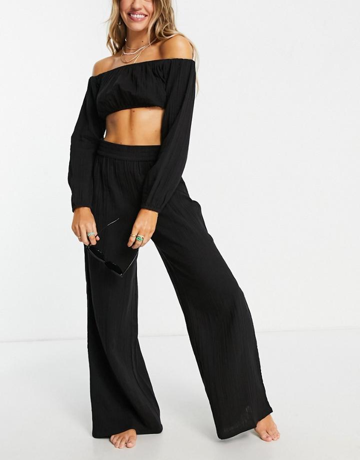 Asos Design Wide Leg Beach Pants In Black Gauze