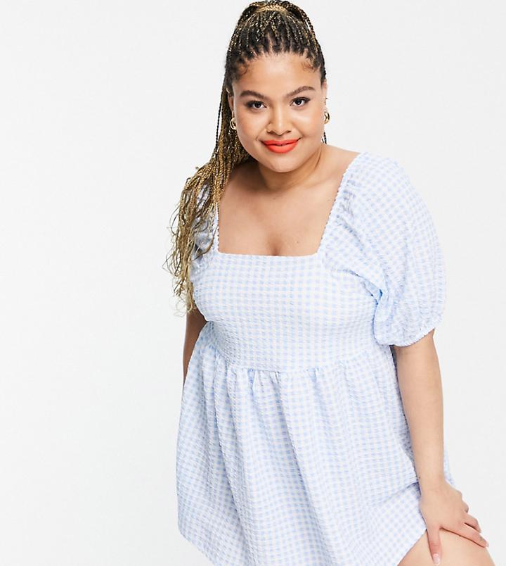 Yours Puff Sleeve Mini Dress In Blue Gingham-blues