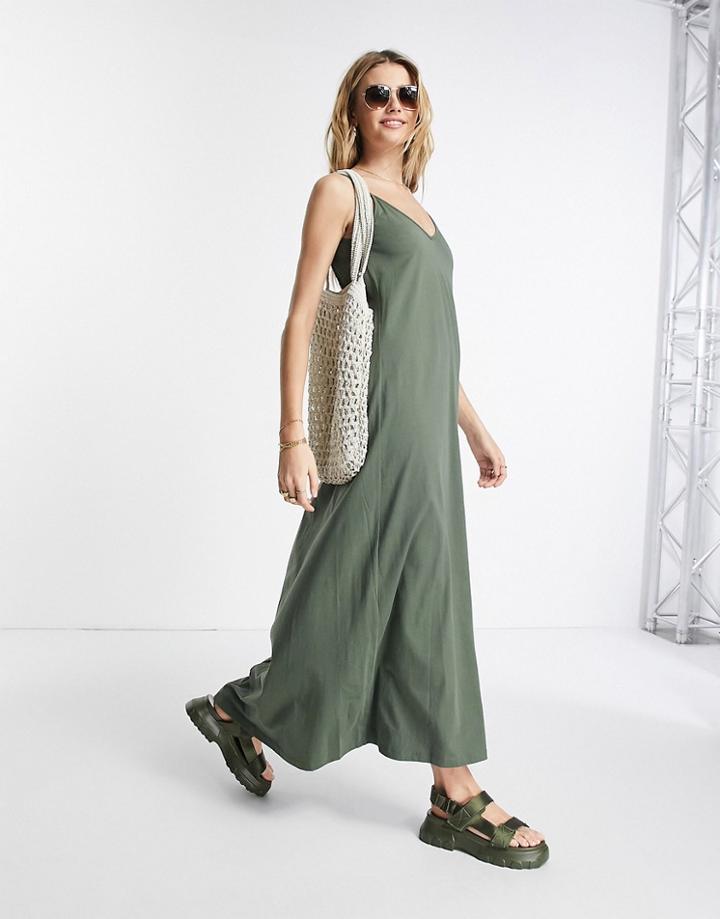 Asos Design V Neck Maxi Dress With Open Back In Khaki-green