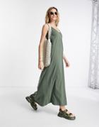 Asos Design V Neck Maxi Dress With Open Back In Khaki-green
