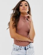 Asos Design Turtleneck Sleeveless Body In Tobacco - Brown