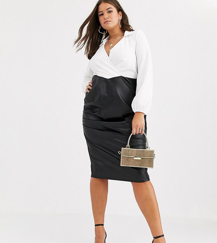 Asos Design Curve Long Sleeve Shirt Pu Skirt Midi Dress