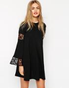 Asos Boho Swing Dress With Long Sleeve And Lace Inserts - Black $37.50